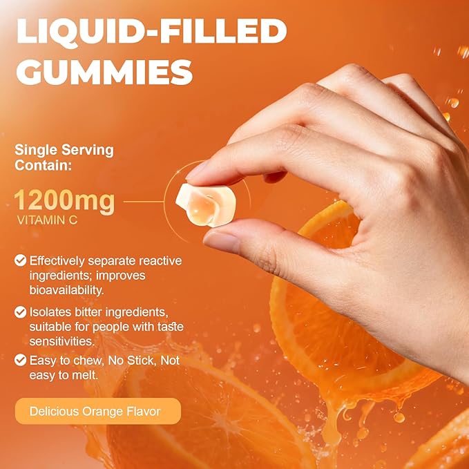 Liposomal Vitamin C Gummies for Adults, 1200mg Chewable Vitamin C Supplement with Elderberry, Zinc Iron & Folate etc - for Immune Support, Energy & Cell Health, Sugar Free, Orange Flavor, 60 Gummies
