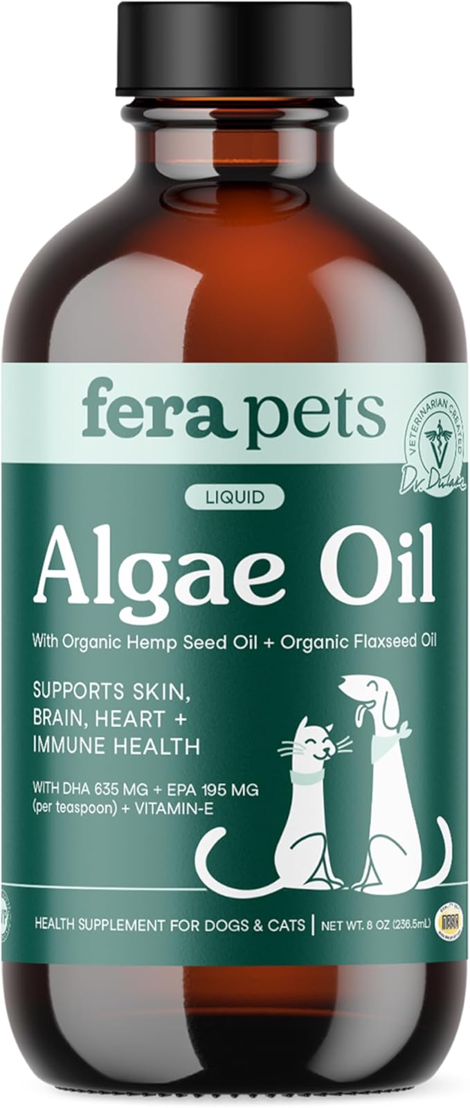 Fera Pets Algae Oil - Cats & Dogs Omega 3 Oil - Vegan - Immune, Heart, Brain, Skin and Coat Support - Includes Vitamin E, Organic Hemp Seed & Flaxseed Oil - 100% Plant Based Omega-3s - 8 oz