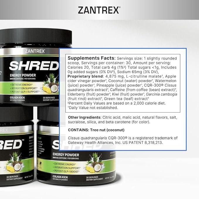 Zantrex Shred – Clean Energy Drink Powder – GLP-1 Support Supplement – Appetite Support, Weight Management, Hydration Support, Fat Burning, Metabolism Support - 200mg Caffeine - Colada Kick, 30 SVG.