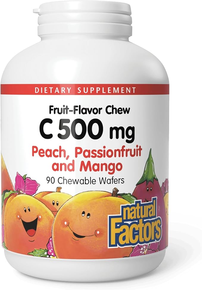Natural Factors, Kids Chewable Vitamin C 500 mg, Supports Immune Health, Bones, Teeth and Gums, Peach, Passionfruit and Mango, 90 Wafers