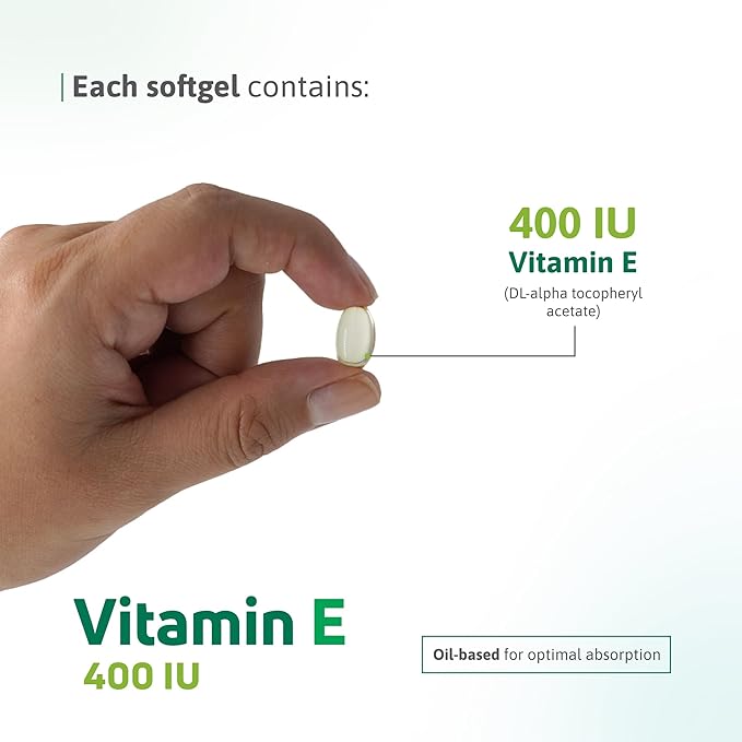 Vitamin E 400 IU Softgels – 180mg Vitamin E (as DL-Alpha-tocopheryl Acetate) – Antioxidant Support, Skin & Hair Health, 100 Softgels – Vitamin E Complex Formula - Gluten-Free