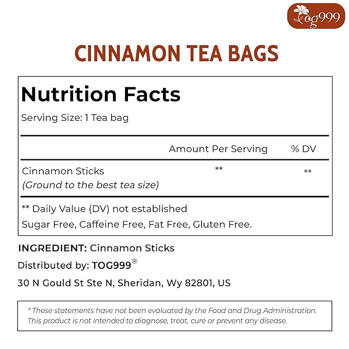 TOG999, Premium 60 Tea Bags - Special Cinnamon Tea, 100% Natural & Pure, Herbal Tea. Cinnamon Stick Herbal Spice Tea. No Sugar, No Caffeine, No Gluten, Vegan.