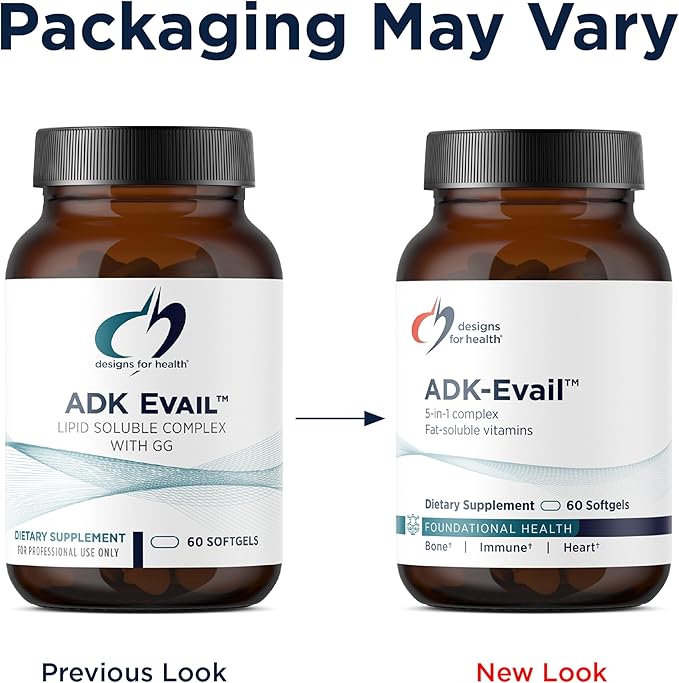 Designs for Health ADK Evail - 5000 IU VIT D3 with Vitamins A, E (Annatto Gamma Delta Tocotrienols), K (K1 + K2) - Fat Soluble Vitamin D Complex - Bone + Immune Support - Non-GMO (60 Softgels)