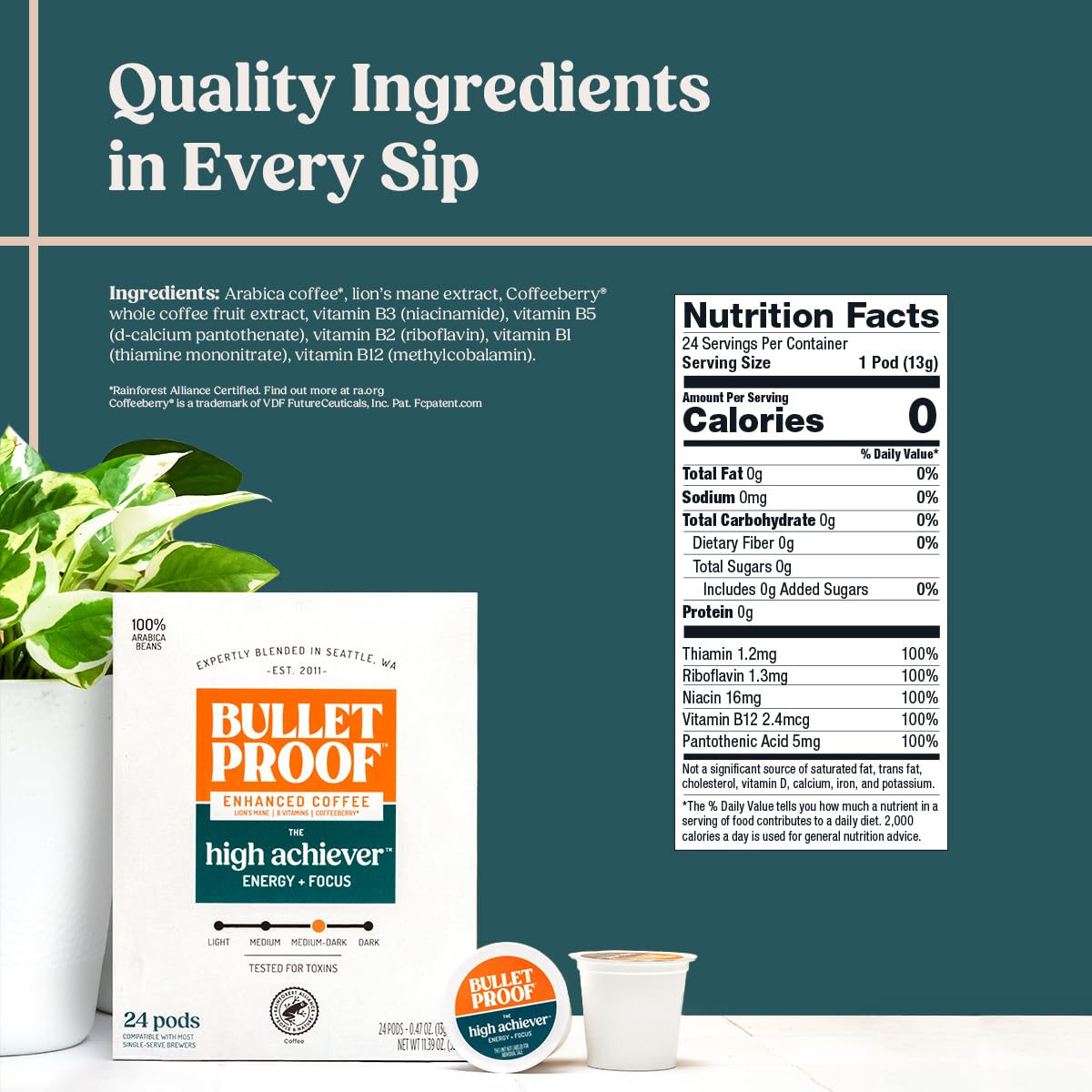 Bulletproof The High Achiever Single-Serve Pods, 72 count, Medium-Dark Roast Enhanced Coffee with Lion's Mane Mushroom, B Vitamins, and Adaptogens for Energy and Focus