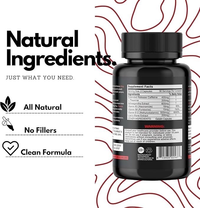Beast Mind Extended Release Extreme Energy Pills | 400mg XR Caffeine | 600mg Ashwagandha | 200mg Lion's Mane, Increased Energy & Focus, Natural Nootropic Labs