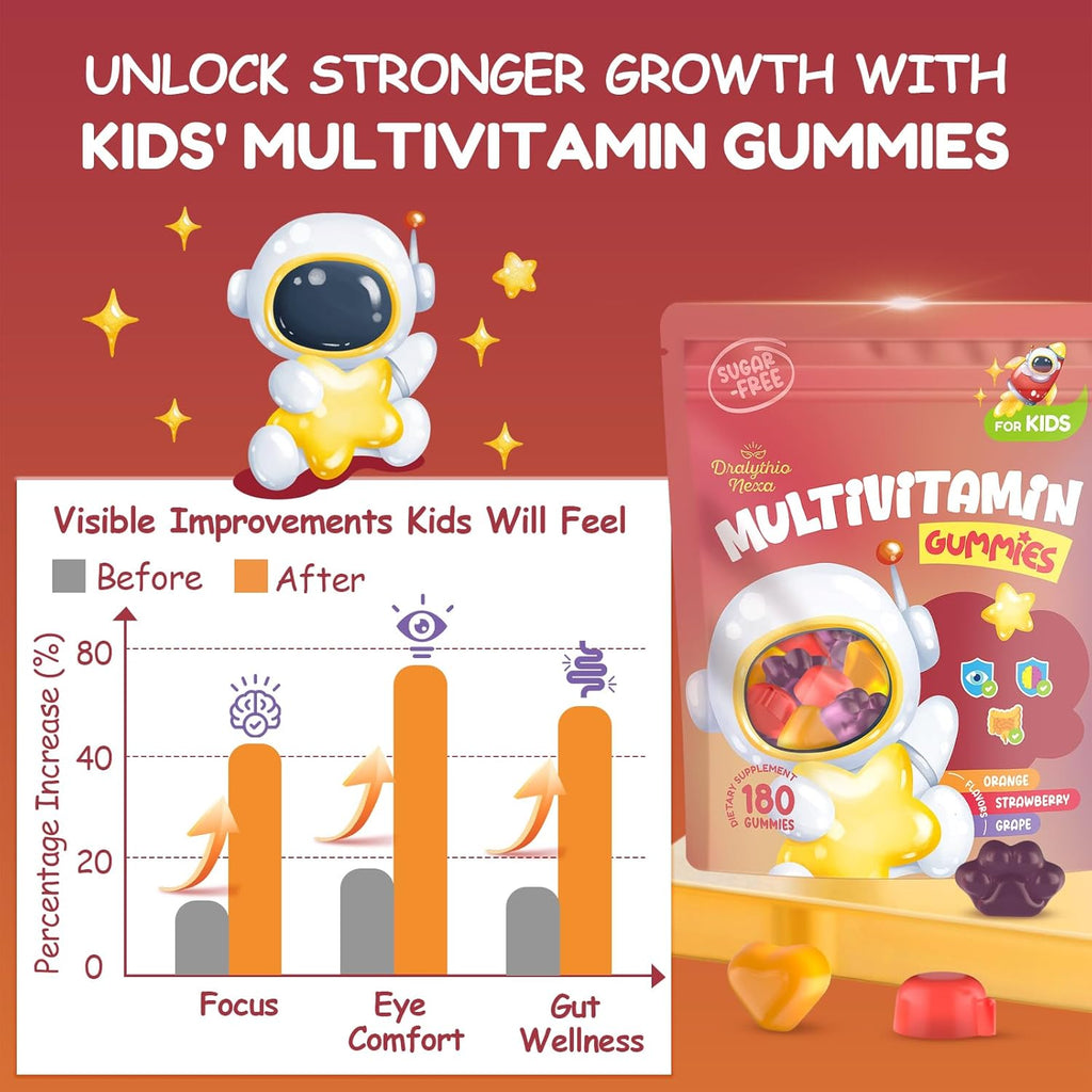 Kids Multivitamin Gummies 180 Count - Eye, Brain & Gut Support - Sugar-Free Vitamins for Kids - with Lutein, Omega-3 DHA & Prebiotics - 3 Fruit Flavors - Ages 2+