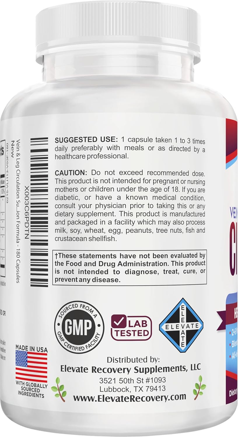 2-Month Vein & Leg Circulation Support Supplement (All-in-1) with 8 Active Ingredients | Leg & Vein Wellness Supplements | Daily Circulatory Formula | 60-Day Bulk Supply | 180 Capsules