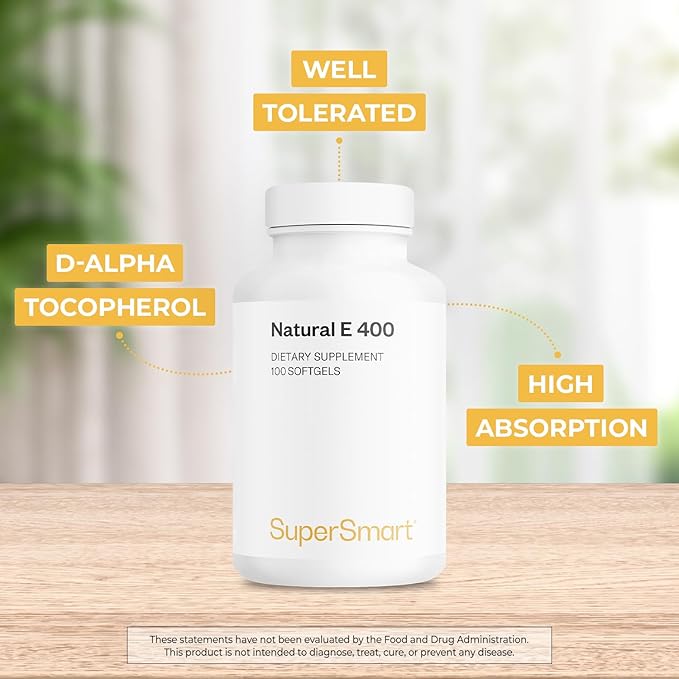 Supersmart Natural E 400 (D-Alpha Tocopherol) 1200IU per Day - High Absorption Vitamin E Supplement | Non-GMO - 100 Softgels