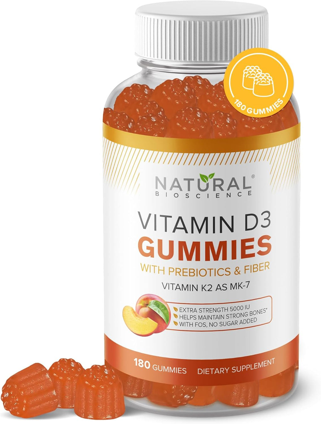 Sugar Free Vitamin D3 K2 Gummies - Vitamin D3 Gummies 5000 IU+K2 MK7 80 mcg, K2 D3 Vitamin Supplement Adults, Vitamin D K2 for Bones, Immune, Heart, Mood, Gluten-Free, Non-GMO, Natural Peach Flavor