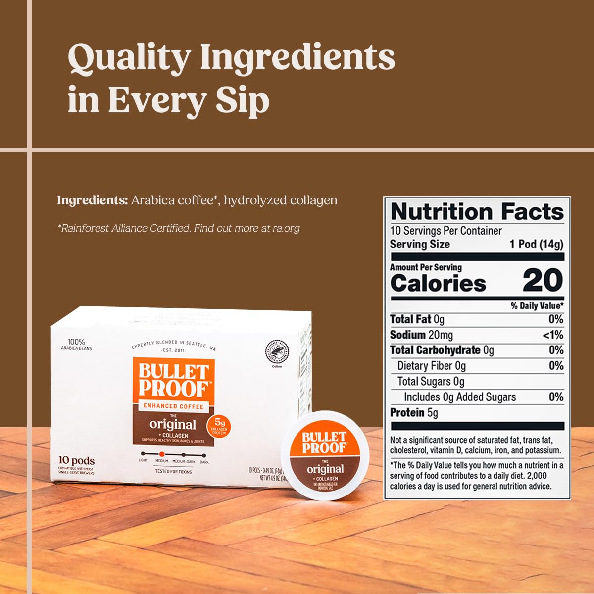 Bulletproof Coffee + Collagen Single-Serve Coffee Pods, 10 Count, 100% Arabica Beans, Clean Coffee Tested for Toxins, Packaging May Vary (Pack of 2)