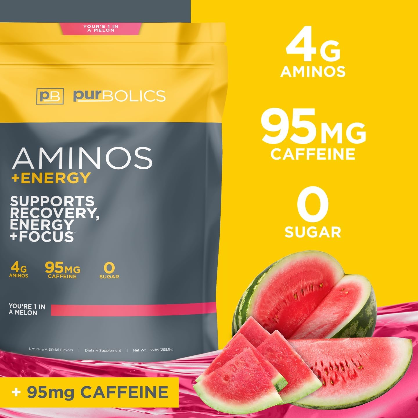 Purbolics Aminos + Energy | Supports Recovery, Energy & Focus | 95mg of Caffeine, 0 Sugar & 60 Servings (You're 1 in A Melon)