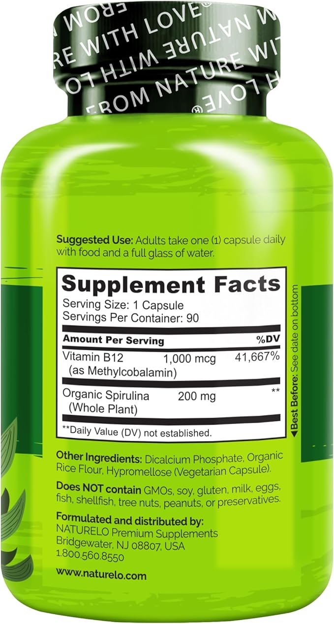 NATURELO Vegan B12 - Methyl B12 with Organic Spirulina - High Potency Vitamin B12 1000 mcg Methylcobalamin - Supports Healthy Mood, Energy, Heart & Eye Health - 90 Capsules