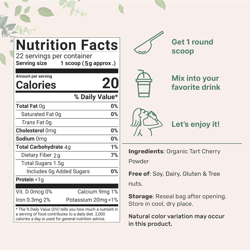 Organic Tart Cherry powder, 4oz | 100% Natural Fruit Powder | US Grown Tart Cherries Source | No Sugar & Additives | Great Flavor for Drinks, Smoothie, & Beverages | Non-GMO & Vegan Friendly
