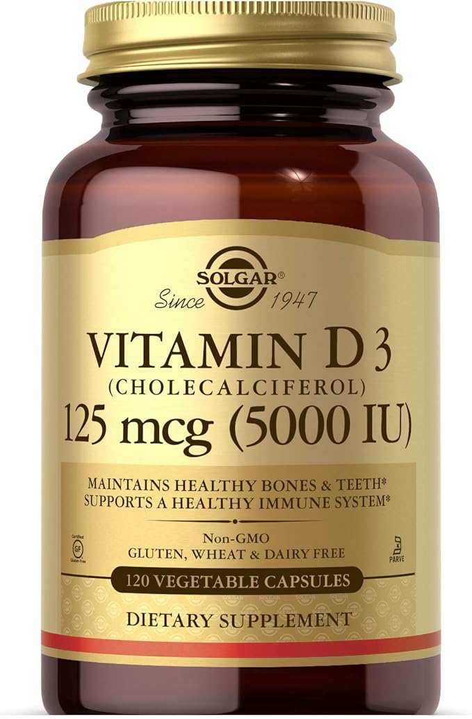Solgar Vitamin D3 (Cholecalciferol) 125 Mcg (5000 IU), 120 Vegetable Capsules - Helps Maintain Healthy Bones & Teeth - Immune System Support - Non-GMO, Gluten Free, Dairy Free, Kosher - 120 Servings
