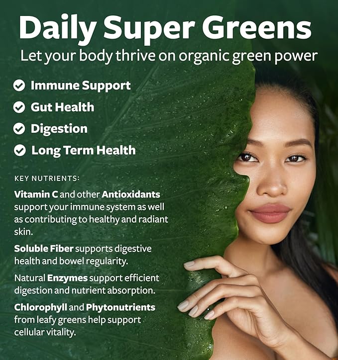 USDA Organic Super Greens Supplement - Organic Greens Fruits and Vegetable Supplement for Adults with 28 Superfood Complex with Superfruits Roots Herbs & More - Vegan & Non-GMO (Up to 1 Month Supply)