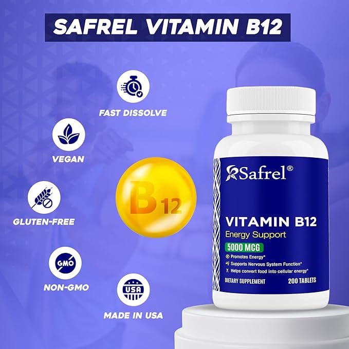 Safrel Vitamin B12 5000 mcg per Tablet, 200 Days Supply, Supplement for Energy, Metabolism and Nervous System Health Support, Vegan, Gluten Free and Dye Free | Made in USA