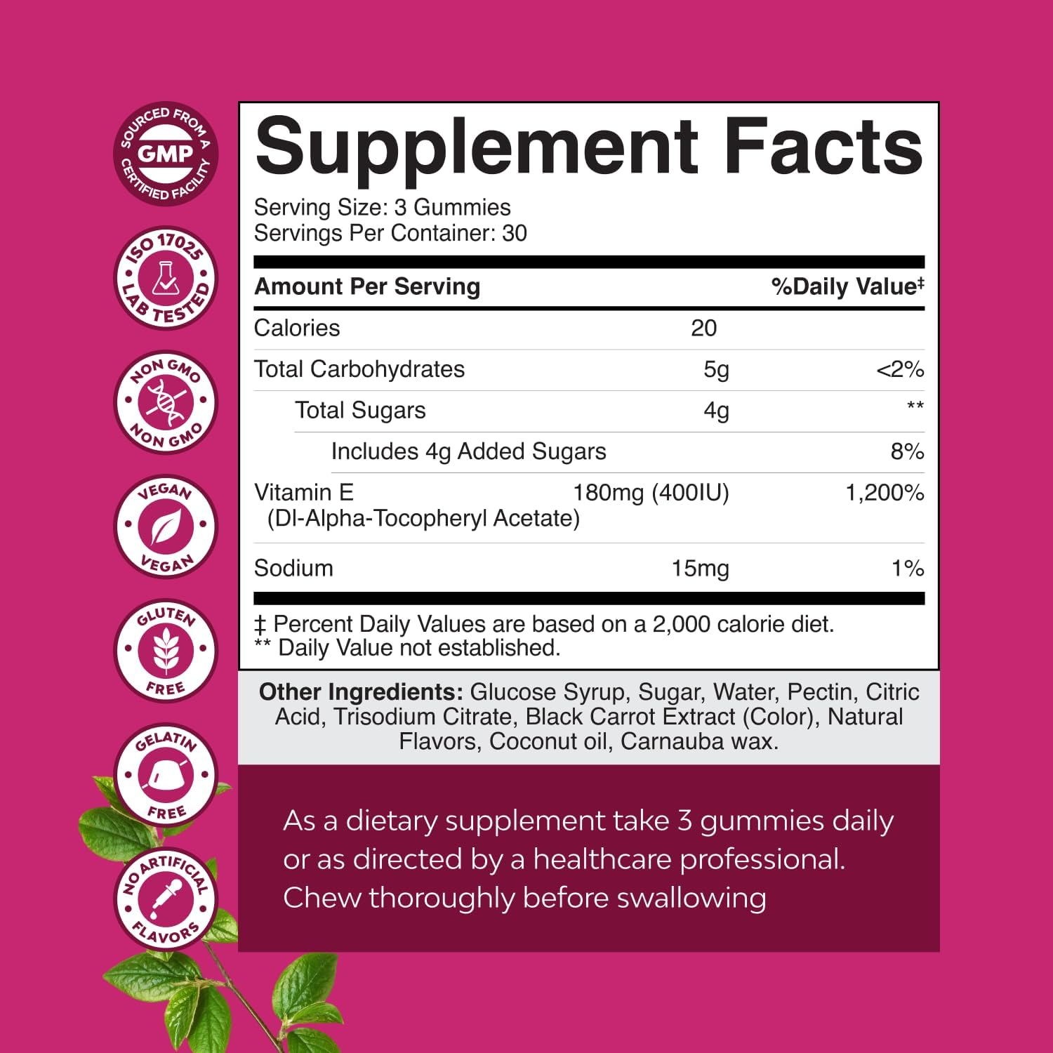 Natures Craft Vitamin E Gummies for Skin Care - High-Potency Vitamin E 400 IU Skin Supplement - Delicious & Easy-to-Take Supplement Promote Health Immune Support & Cellular Protection (1 Month)