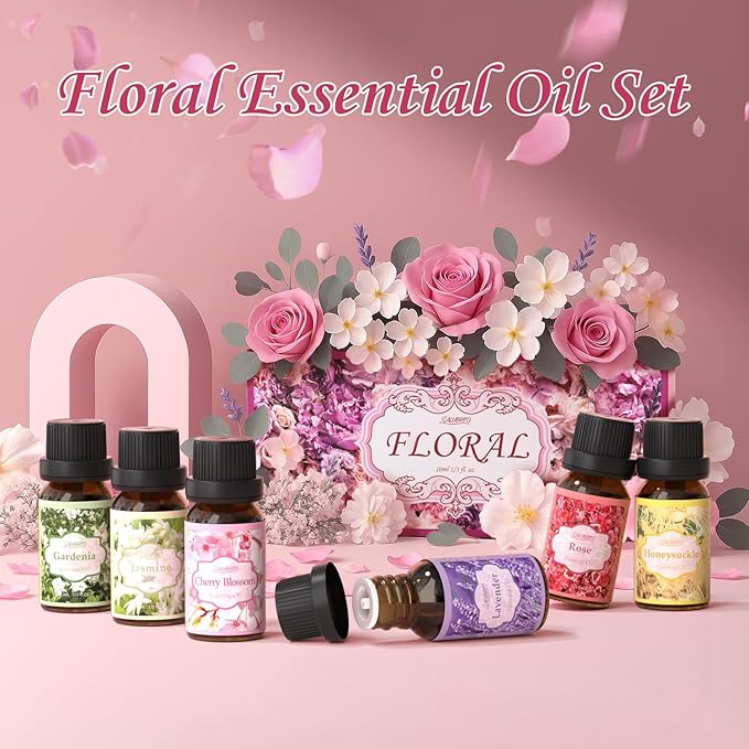 SALUBRITO Floral Fragrance Oils Set, Essential Oils for Diffuser & Candle Making Scents, 6x10ml Aromatherapy Oils Gift Set - Jasmine, Lavender, Rose, Gardenia, Cherry Blossom, Honeysuckle Oil