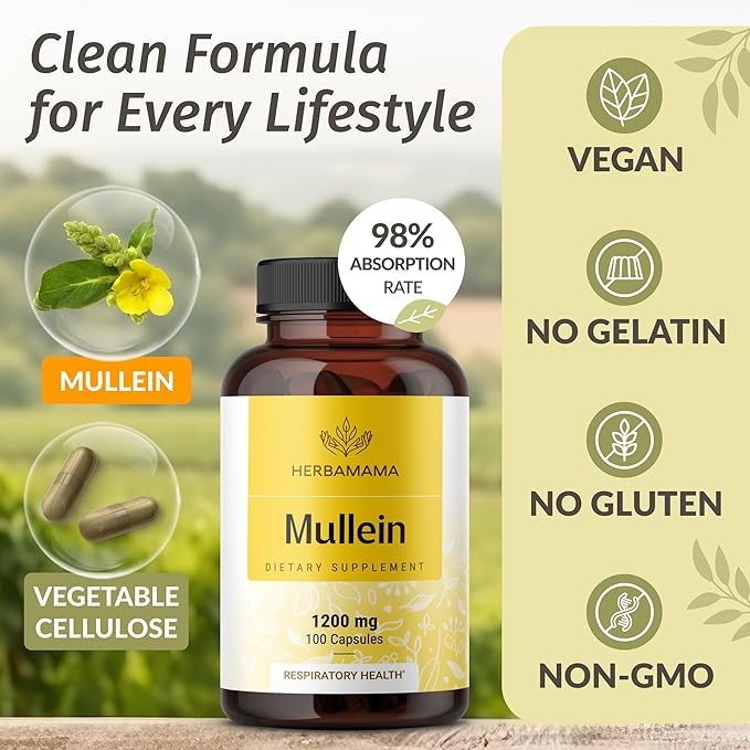 HERBAMAMA Mullein Leaf Capsules - 1200mg Mullein Leaf Extract for Lung Detox Support - Vegan, Non-GMO Respiratory Lung Cleanse Supplement