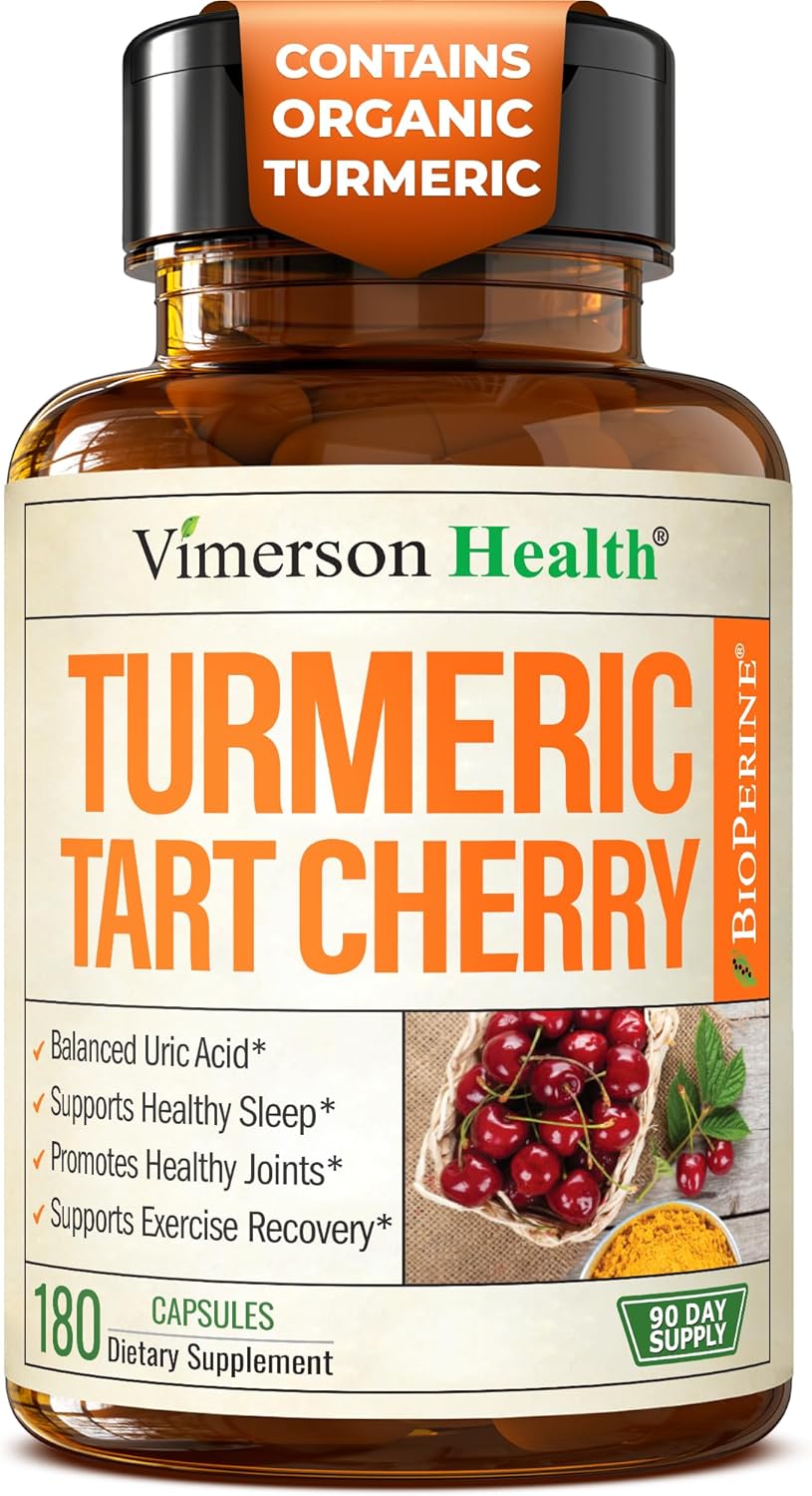 Turmeric Curcumin Supplement with 10:1 Tart Cherry Extract & Celery Seed Extract - Natural Uric Acid Balance, Joint Health & Sleep Aid - Turmeric Curcumin with Black Pepper. 180 Tart Cherry Capsules