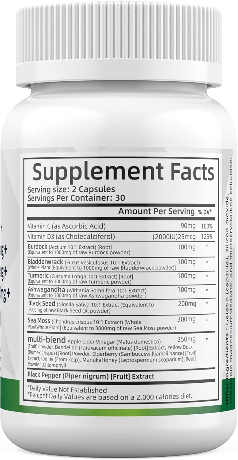 Super Sea Moss Blend - Advanced Formula with Ashwagandha KSM 66, Black Seed Oil, Burdock Root, Bladderwrack, Turmeric, ACV, Ayurveda - Lab Tested for Maximum Potency for Men and Women (2 Bottles)