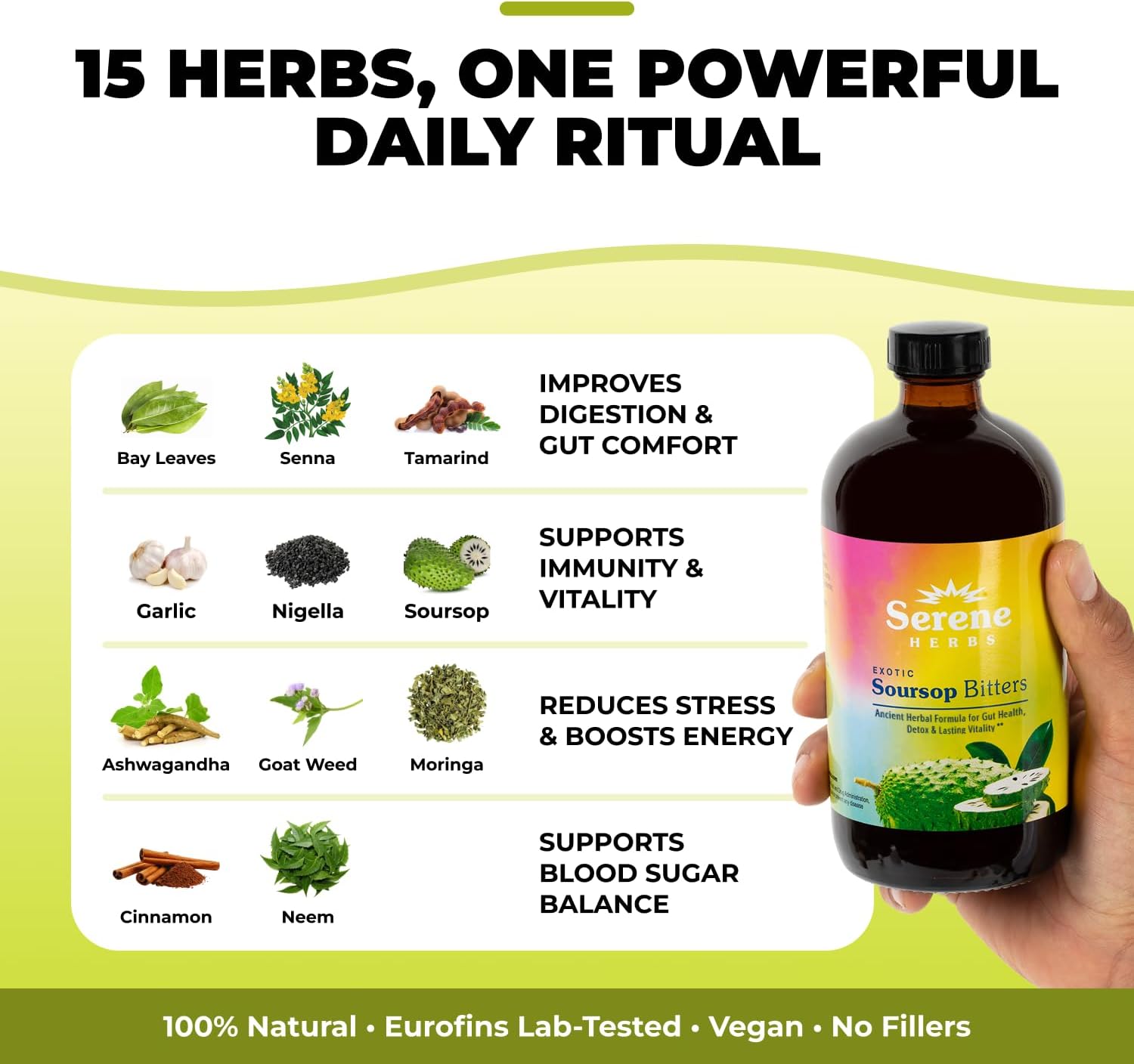 Serene Herbs - Soursop Bitters Liquid - Organic Herbal Guanabana Detox with Black Seed, Moringa & Ginger - Supports Digestive Wellness & Immune Function - 16 fl oz