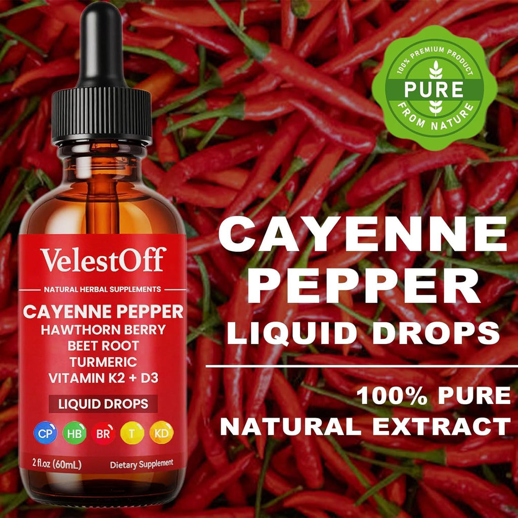 Cayenne Pepper Drops - VelestOff Cayenne Circulation Blood Pressure Blend - Cayenne Pepper Hawthorn Beet Root Turmeric Vitamin K2 D3-2 OZ (2 PCS)