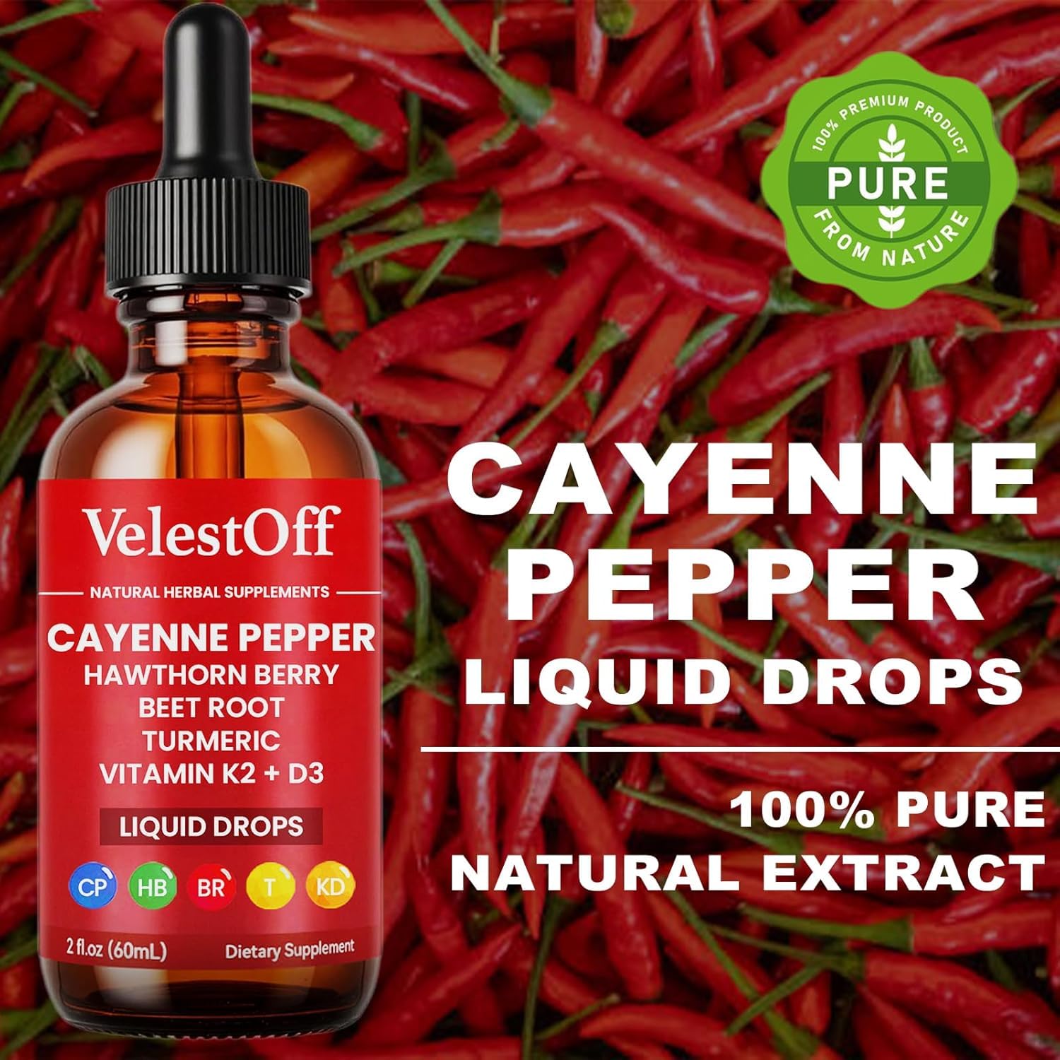 Cayenne Pepper Drops - VelestOff Cayenne Circulation Blood Pressure Blend - Cayenne Pepper Hawthorn Beet Root Turmeric Vitamin K2 D3-2 OZ (2 PCS)