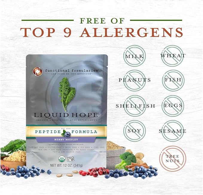 FUNCTIONAL FORMULARIES Liquid Hope Orgainc Peptide, Berry Medley, Tube Feed Formula, 23 g Protein, 7g Fiber, Meal Replacement, 12 Oz (24 Pack)