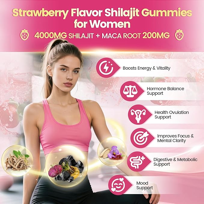 Shilajit for Women Gummies, micronutrient Supplement, Pure Himalayan Shilajitn, Contains Tongkat Ali, Ashwagandhaa, Turmeric, Saffron for hormonal Balance & Energy | Strawberry Flavor (120 Gummies)