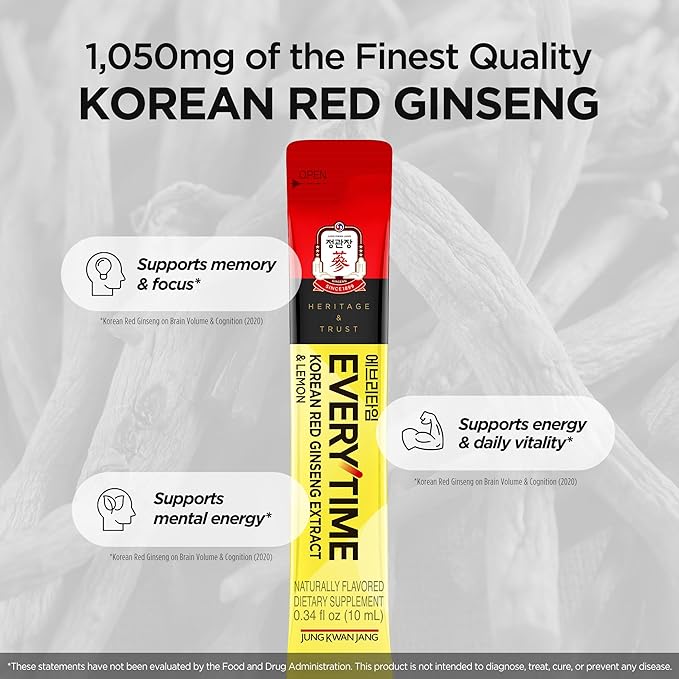 JUNG KWAN JANG Everytime Korean Red Ginseng Extract 1,050mg & Lemon - Vegan Energy Drink Liquid Stick Supplements - Builds Stamina & Immunity, Non-GMO (10 Sticks, 0.34 fl oz)