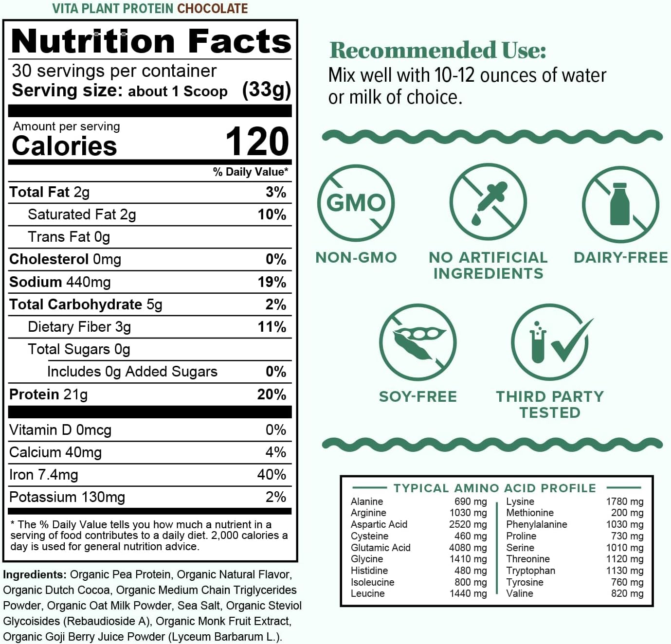 Organic Plant Based Protein for Women Complete Vegan Protein Powder with BCAAs & MCTs Plant-Based 21g, Dairy-Free Gluten-Free No Added Sugar, Supports Muscle Recovery (Chocolate Flavored, 30 Servings)