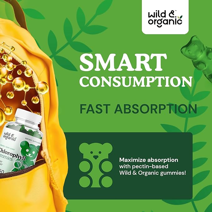 Wild & Organic Chlorophyll Gummies 50mg - Detox Cleanse Supplements w/Sodium Copper Chlorophyllin - Internal Deodorant w/Chlorophyll Powder - Vegan, Non-GMO - 60 Herbal Chews