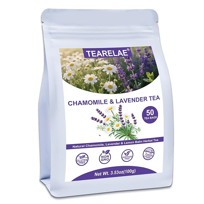 TEARELAE - Chamomile Lavender Tea, 50 Herbal Tea Bags with Lemon Balm for Relaxation & Bedtime - Non-GMO - Caffeine-Free - Floral & Soothing