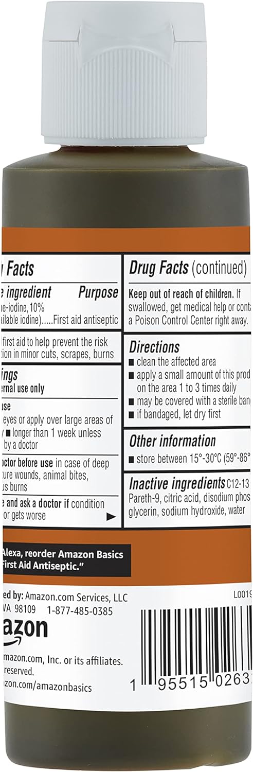 Amazon Basics First Aid Antiseptic, 10% Povidone Iodine Solution, 4 Fluid Ounces, 4-Pack (Previously Solimo)