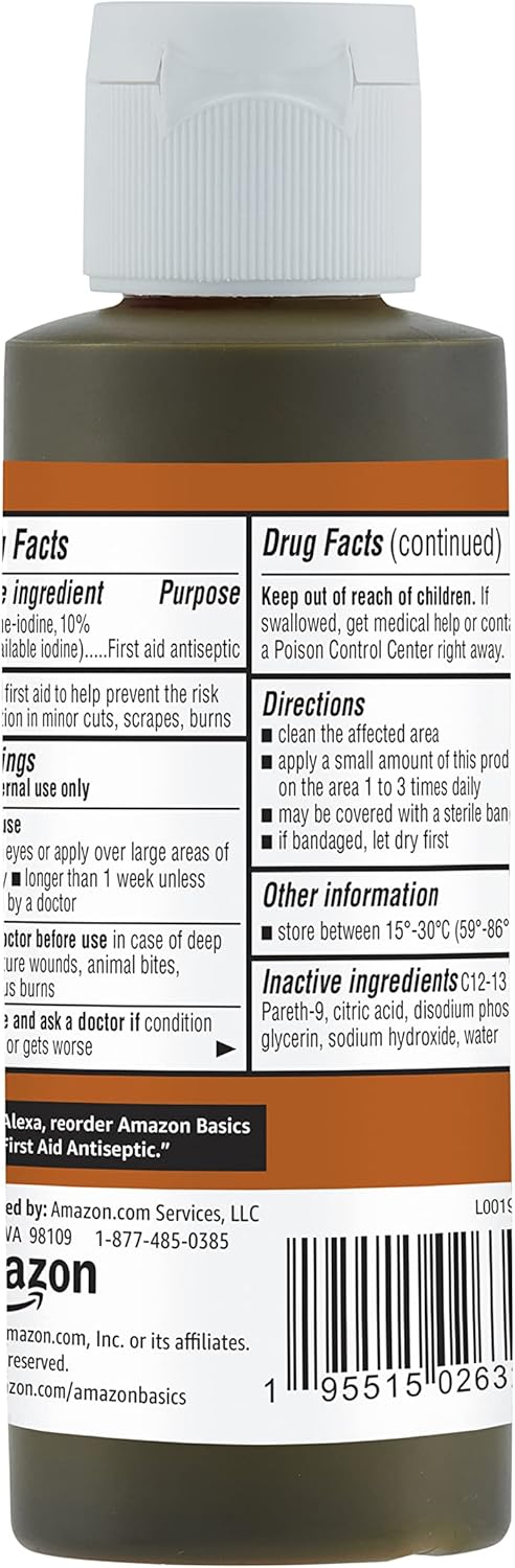 Amazon Basics First Aid Antiseptic, 10% Povidone Iodine Solution , Unflavored, 4 Fluid Ounces, 1-Pack (Previously Solimo)