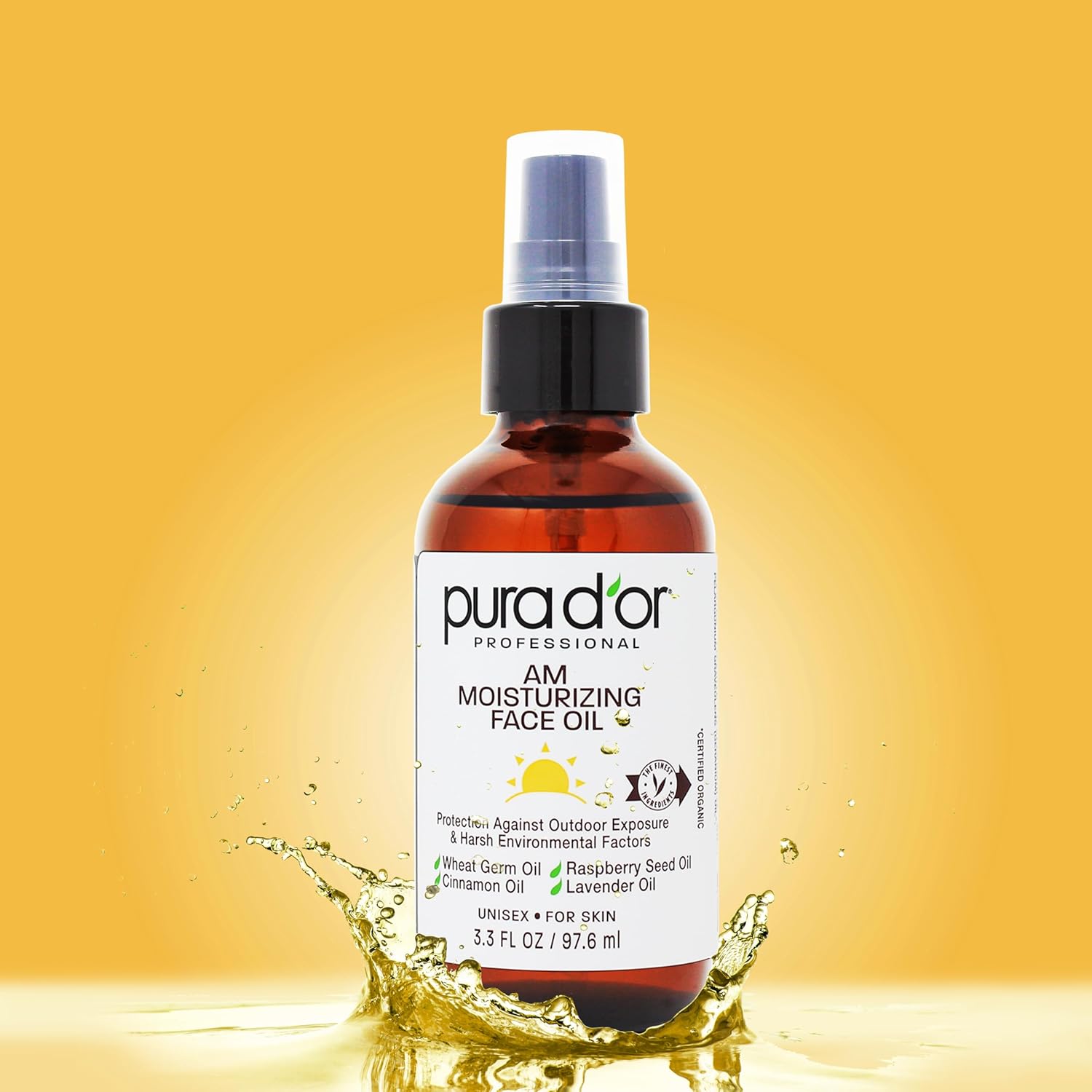 PURA D'OR 3.3 Oz ORGANIC AM Moisturizing Face Oil - Morning Glow Hydrating Skincare -Lightweight Moisturizer for Glowing Skin - All Natural, Vegan, Paraben-Free - Women & Men