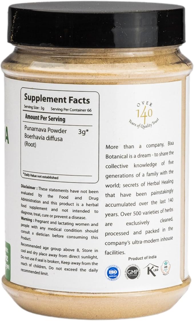 bixa BOTANICAL Punarnava Powder | Natural Detox and Fluid Balance Support | Boerhavia diffusa | 200 Grams / 7 OZ | Ayurvedic Herbal Supplement | Gluten Free, Non-GMO, Steam Treated, Vegan, 100% Pure
