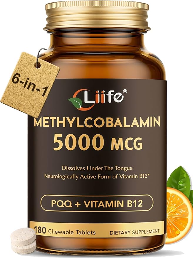 LIIFE Vitamin B12 (Methylcobalamin)+ PQQ 5000 mcg | 180 Chewable Tablets | Supports General Energy, Brain & Nervous System Health | Gluten Free | 1 Capsule per Serving*