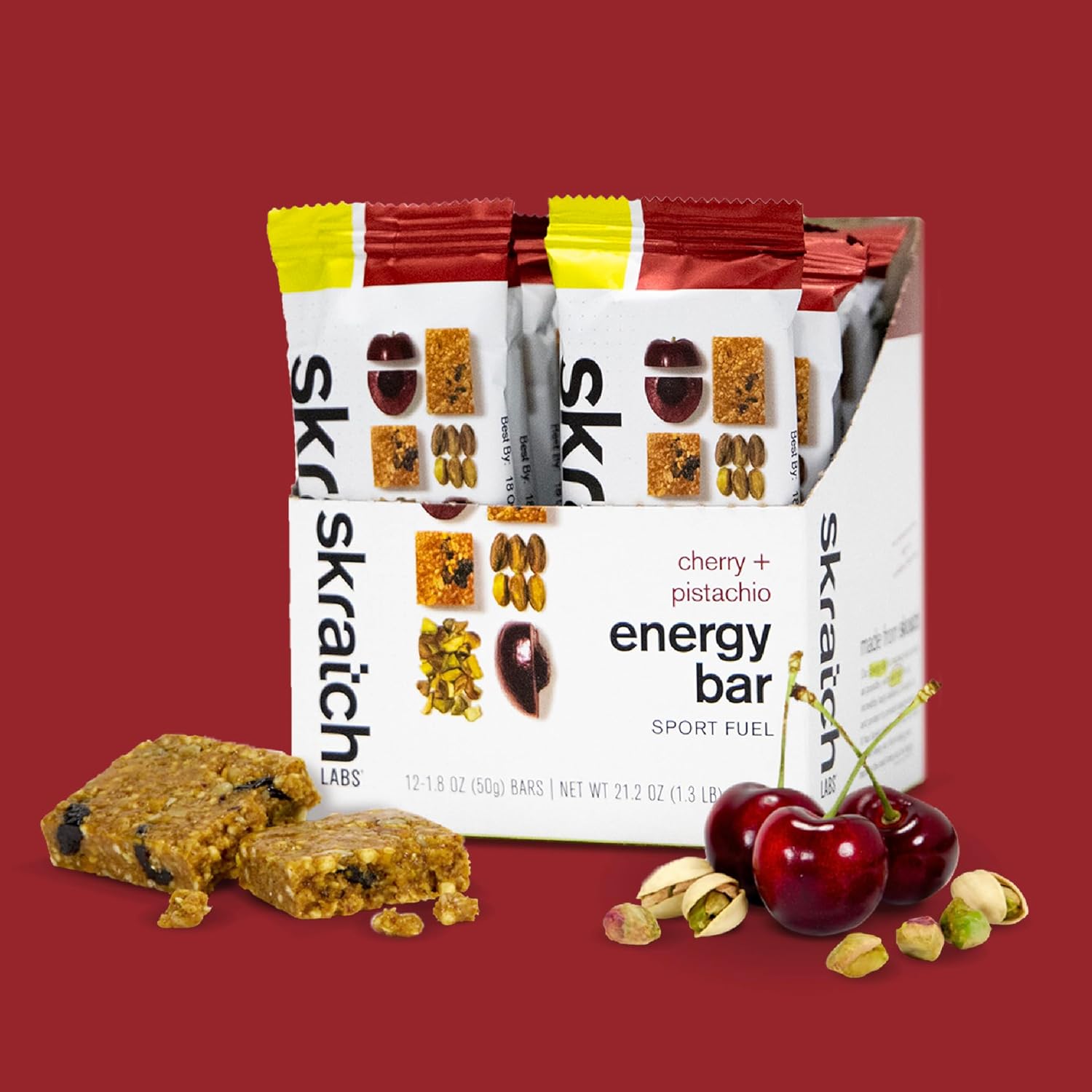 Skratch Labs Energy Bar | Cherry + Pistachio (12 Pack) | Plant Based Healthy Snack | Low Sugar - 5g Protein | Non-GMO, Gluten Free, Soy Free, Vegan, Kosher