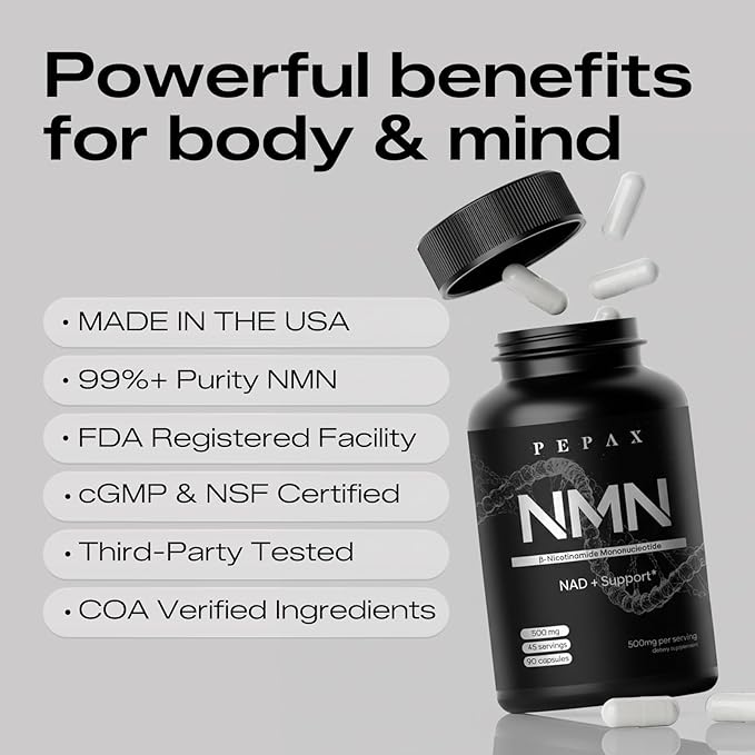 NMN 500mg Supplement -High Purity Nicotinamide Mononucleotide for NAD+,90 Capsules (45-Day Supply)-Made in USA, cGMP Certified,Cellular Energy, Anti-Aging, DNA Repair & Brain Support