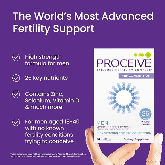 Proceive Tailored Fertility Supplement for Men, Pre Conception Vitamins, Minerals and Amino Acids With Vitamin D, Zinc, Folate, Selenium, and COQ10, Men's Pre Pregnancy Multivitamin, 60 Vegan Capsules