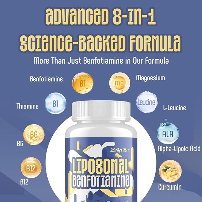 Zaigon Benfotiamine Thiamine Vitamin B1 Supplement, 600mg Liposomal Fat Soluble VIT B1 with Alpha-Lipoic Acid for Men & Women, Energy Boost, Glucose Metabolism & Nerve Support (240 Vegan Capsules)