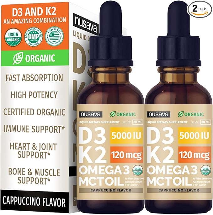 (2 Pack) Organic Vitamin D3 K2 Drops with MCT Oil Omega 3, 5000 IU, Maximum Strength Vitamin D Liquid, No Fillers, Non-GMO Liquid D3 for Faster Absorption, Immune Support (Cappuccino Flavor, 2 Fl Oz)