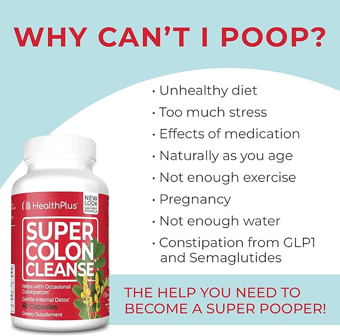 Health Plus Super Colon Cleanse 15 Day Supply of Gentle Gut Cleanse Detox, Psyllium Husk, Probiotics for Constipation Relief & Digestive Support, 60 Capsules