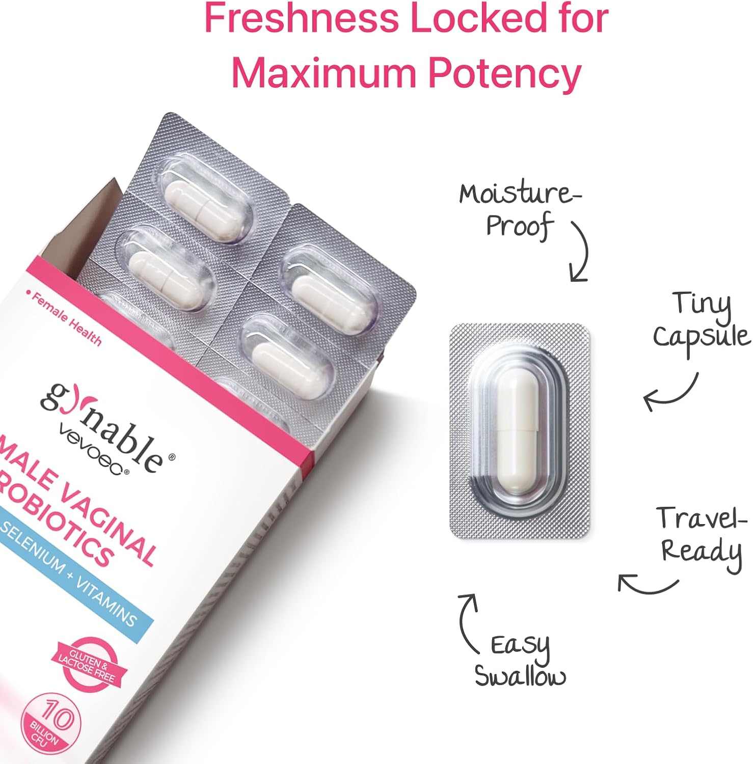 Gynable Vaginal Probiotics for Women,Female Probiotic for pH Balance with Lactobacillus 10 Billion CFU Probiotics Blend,Selenium-Vitamin D3,Promote Healthy Vaginal Odor & Vaginal Flora,30 Count