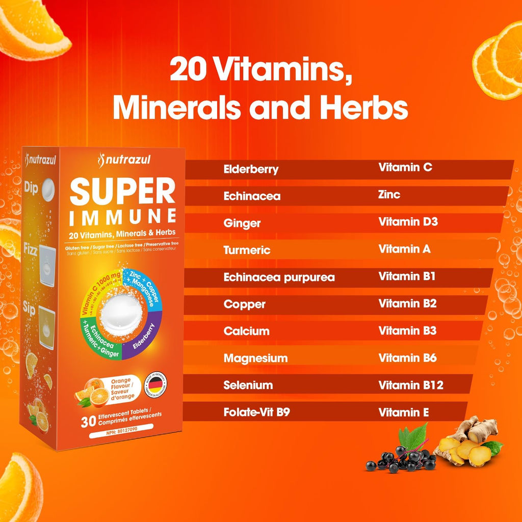 nutrazul Super Immune 30 Effervescent Tablets, 20 Vitamins & Minerals, Herbal Extracts to Support Daily Routine, Vitamin C, Zinc, Elderberry & Echinacea, Vegan, Gluten-Free, Sugar-Free, Orange Flavor