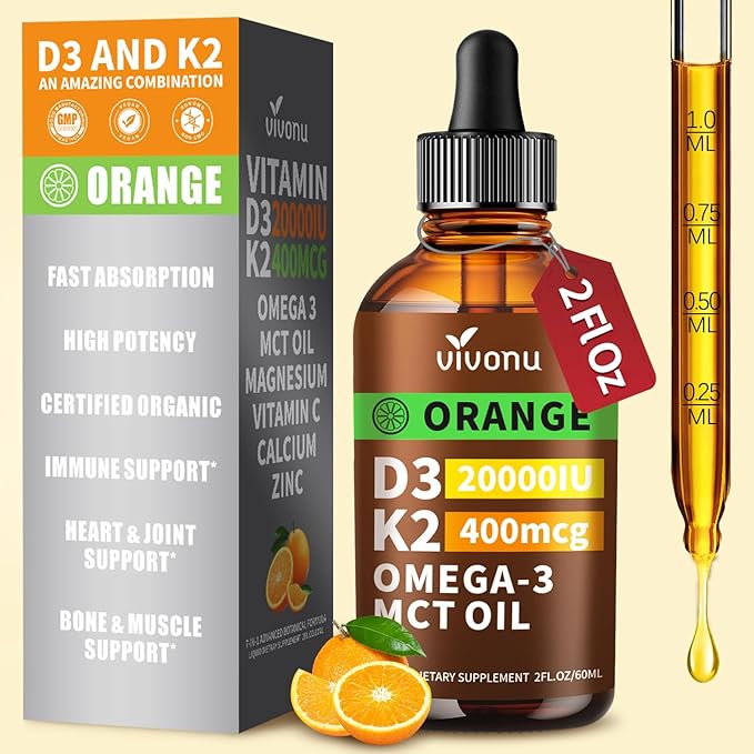 VivoNu Vitamin D3 K2 Drops, D3 20000 IU & K2 as MK-7 400mcg with Magnesium, Calcium, Zinc & Omega 3 for Immune*, Mood*, Bone* Health, Orange Flavor Vitamin D Liquid Drops Supplement, Non-GMO (1)