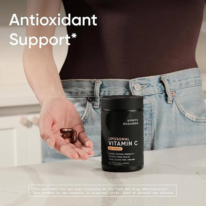 Sports Research® High Potency Liposomal Vitamin C Supplement 1000 mg – Certified Vegan, Non-GMO, Gluten Free | Antioxidant & Immune Support | Ascorbic Acid Vitamin C | 180 Liquid Veggie Capsules