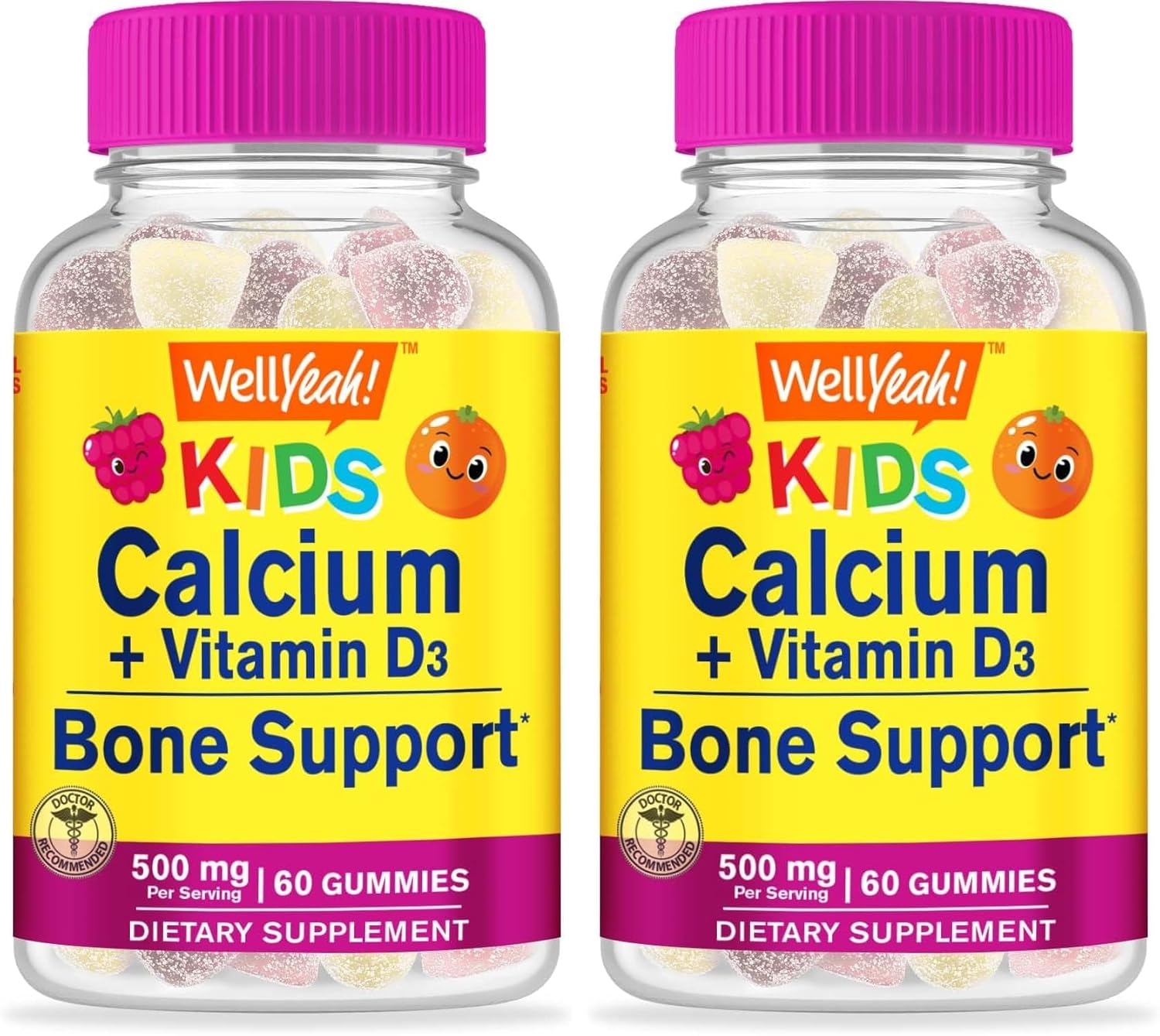 WellYeah Calcium 500mg + Vitamin D3 1000 IU (25 mcg) Gummies for Kids - Bone Health and Muscle Supprt, Immune Support Gummy, Non GMO, Gluten Free, Mix Fruit Flavors - 60 Gummies (Pack of 2)